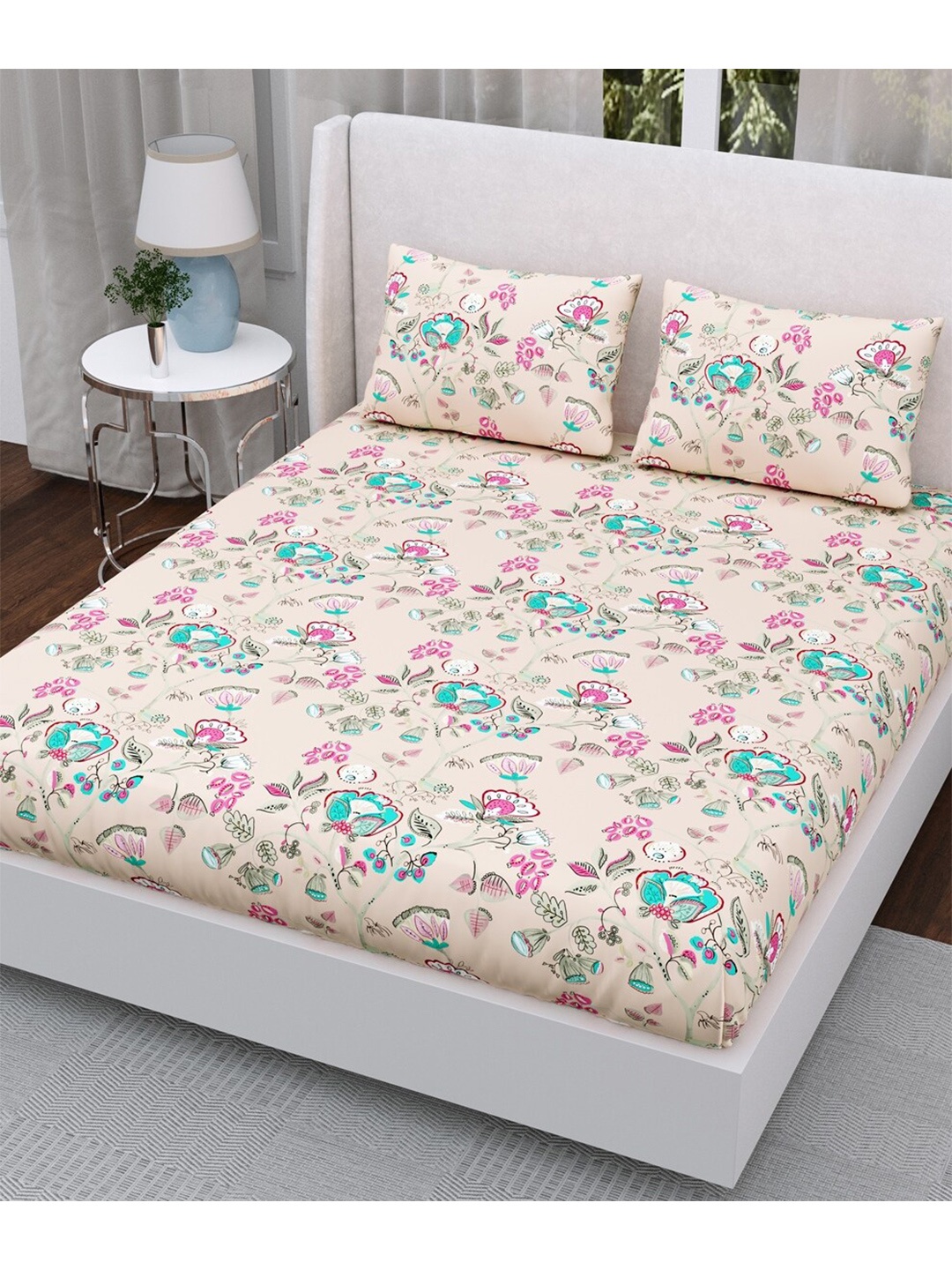 

Aura Cream-Coloured & Pink Floral 200 TC Queen Bedsheet with 2 Pillow Covers