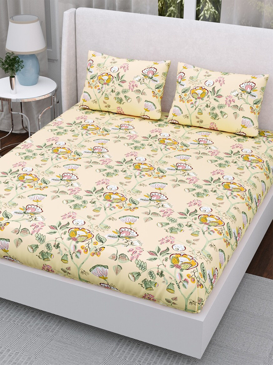 

Aura Pink & Cream-Coloured Floral 200 TC Cotton Queen Bedsheet with 2 Pillow Covers