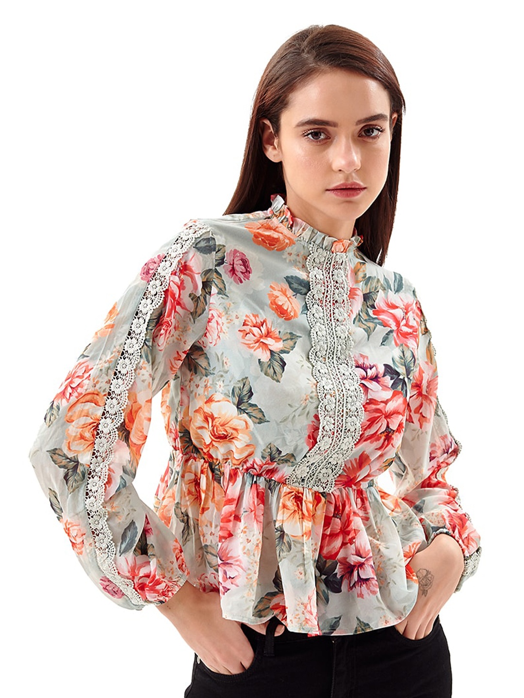 

COVER STORY Green Floral Print Mandarin Collar Cinched Waist Top