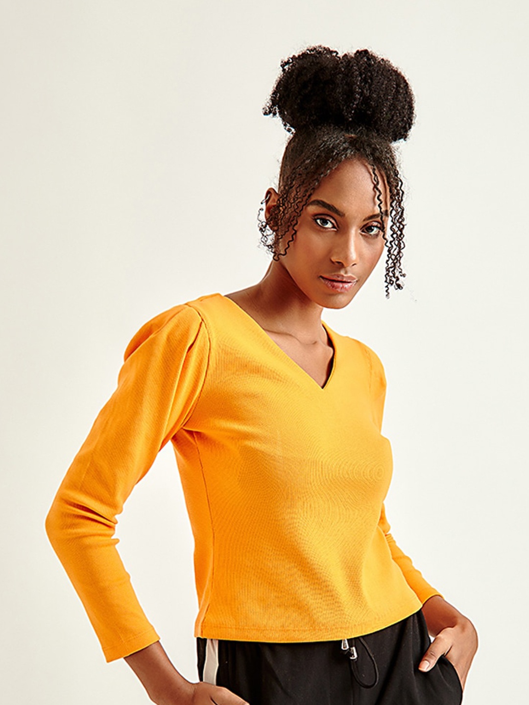 

COVER STORY Women Mustard Yellow V-Neck Pure Cotton T-shirt