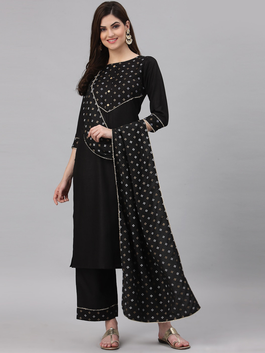 

SANISA Women Black Yoke Design Pure Cotton Kurta With Trousers & Dupatta