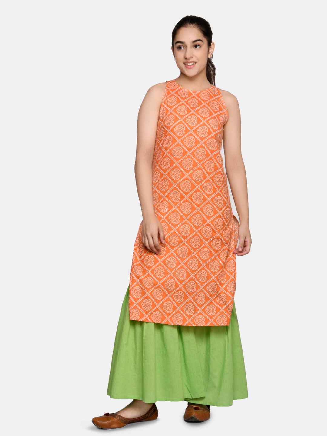 

SAKA DESIGNS Girls Orange Bandhani Printed Pure Cotton Kurta with Sharara