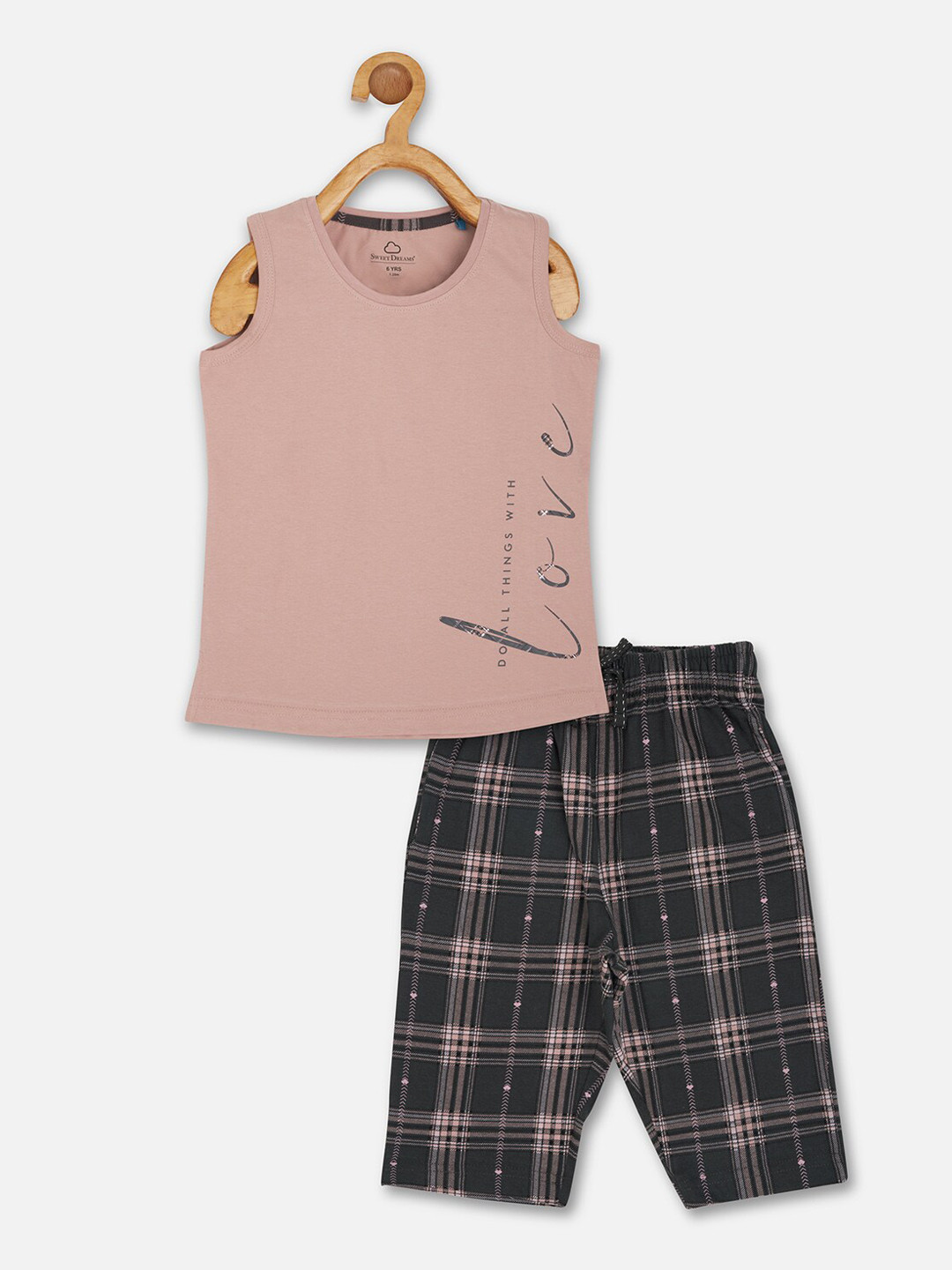 

Sweet Dreams Girls Pink & Grey Printed Night Suit