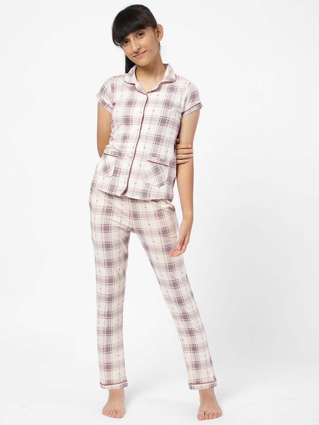 

Sweet Dreams Girls Beige & Pink Checked Night suit