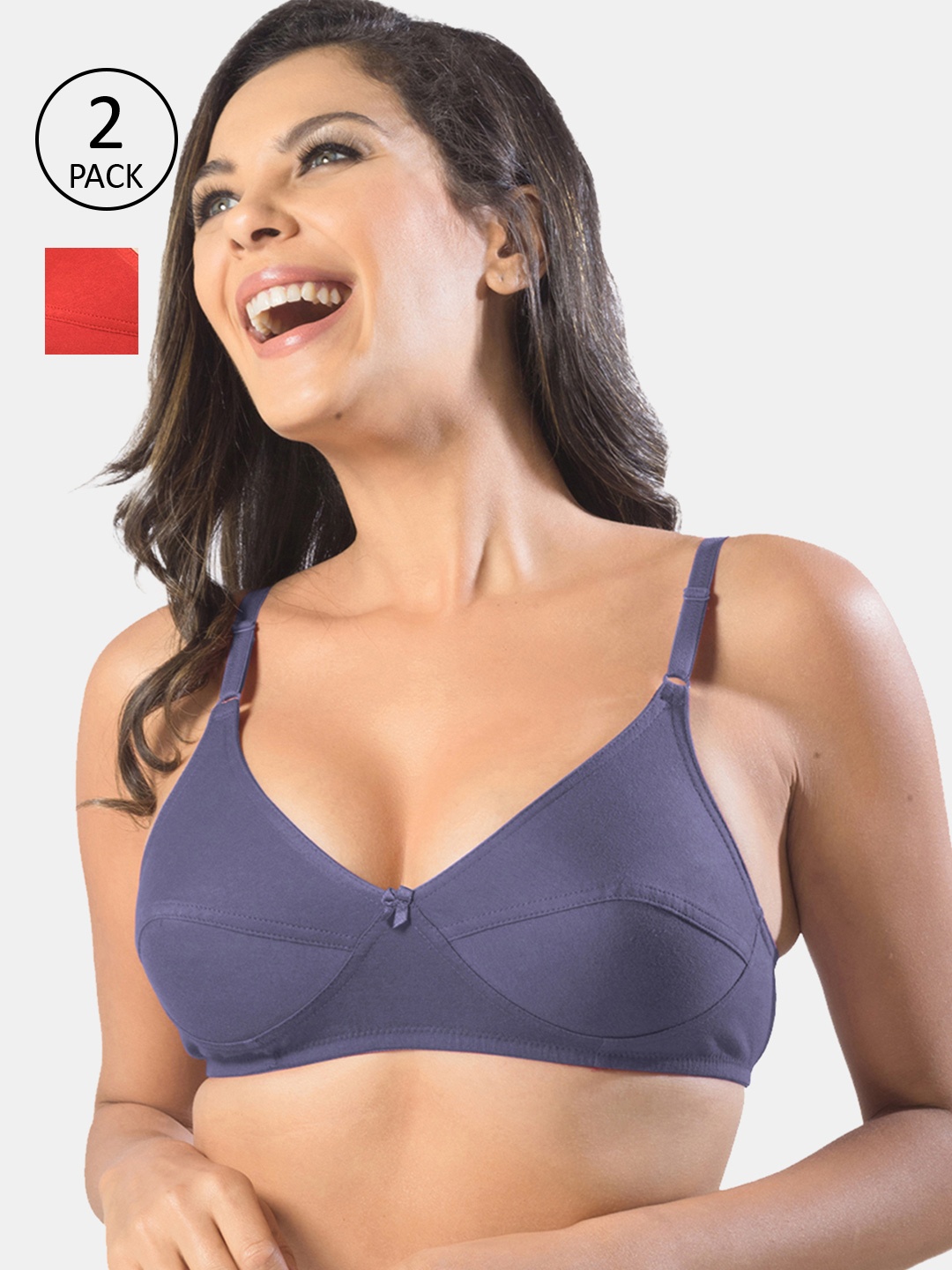 

Sonari Navy Blue & Red Pack of 2 Non Padded Non Wired Everyday Bra