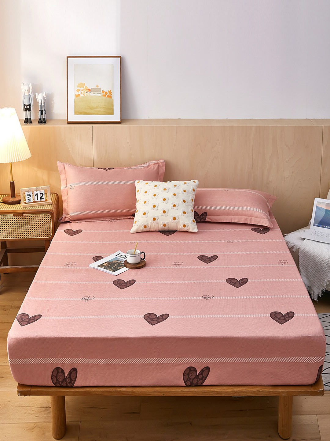 

JC HOME Pink Brown 160 TC Fitted Queen Bedsheet