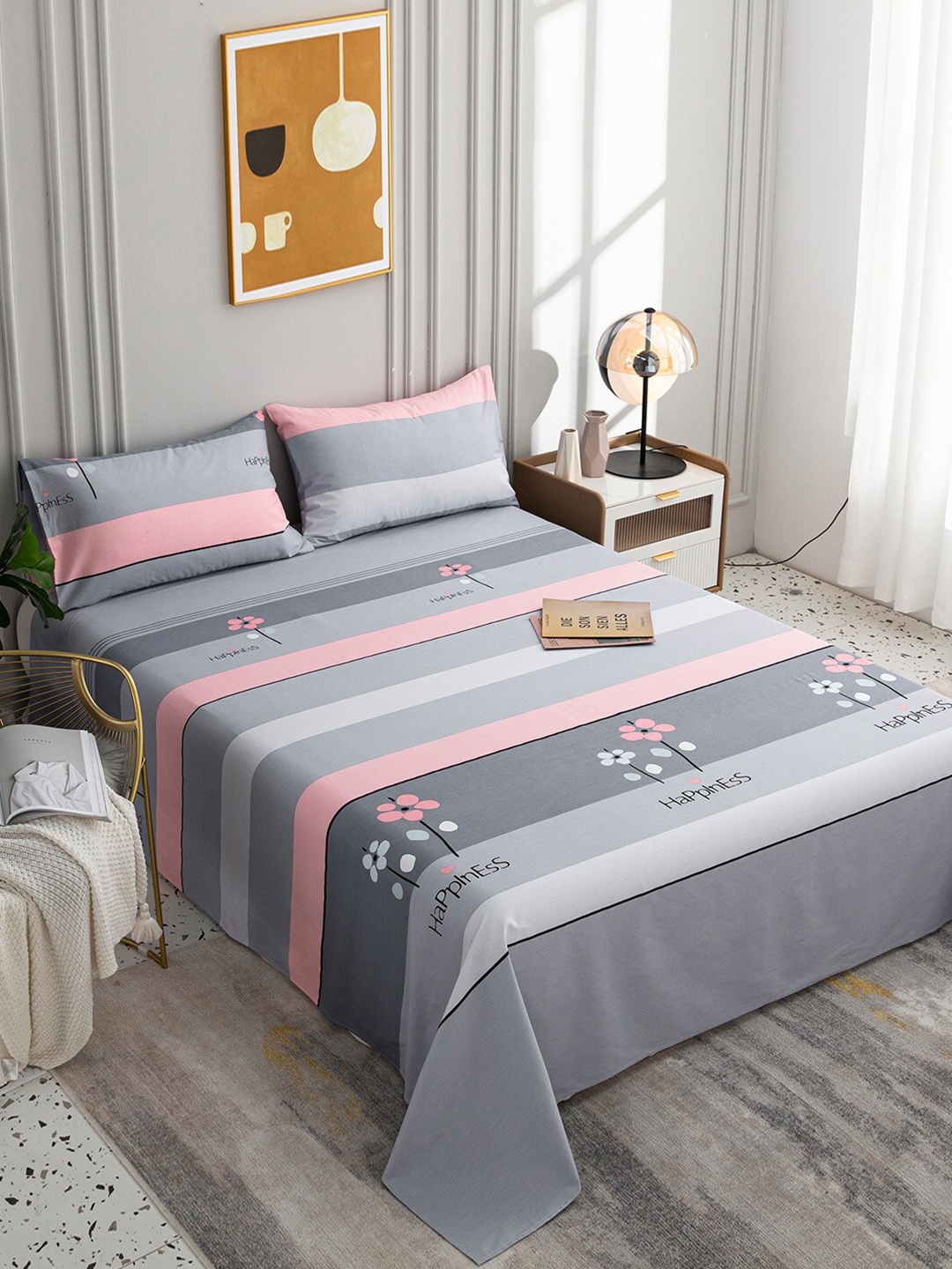 

JC HOME Grey Pink 200 TC King Floral Cotton Bedsheet with 2 Pillow Covers