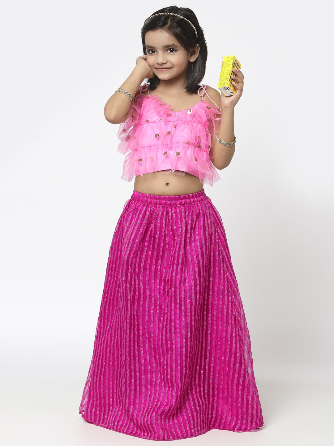

studio rasa Girls Pink & Golden Embroidered Ready to Wear Organza Lehenga Choli