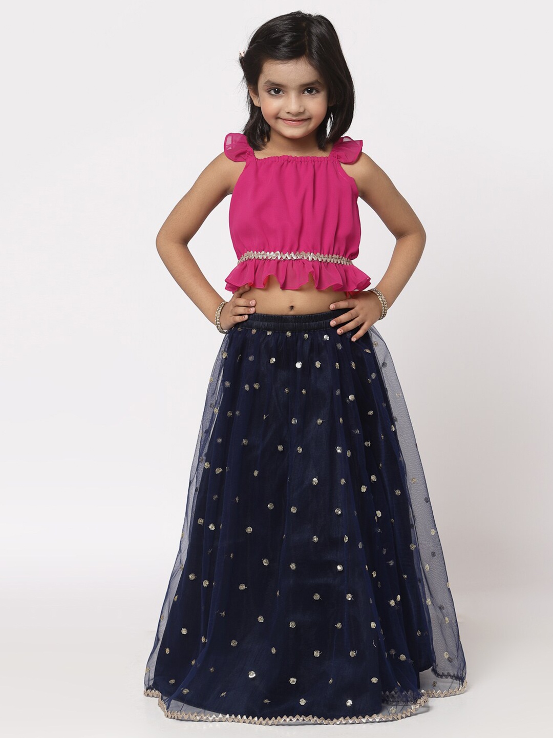 

studio rasa Girls Navy Blue & Magenta Embellished Sequinned Ready to Wear Lehenga & Blouse With Dupatta
