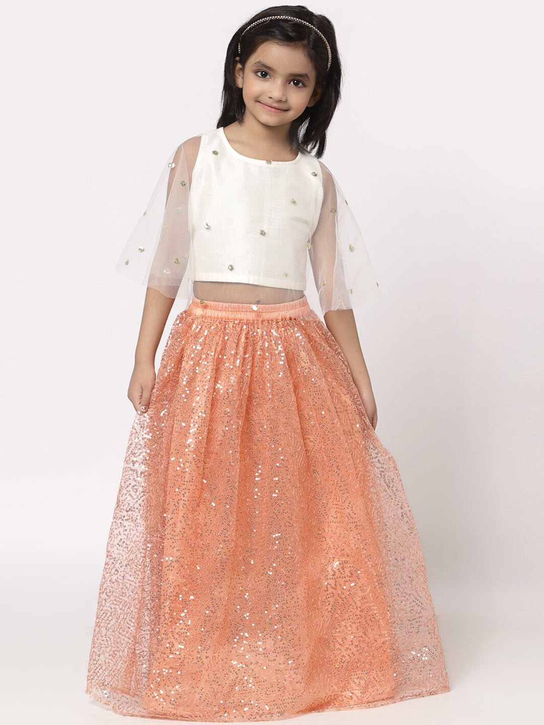 

studio rasa Girls Peach-Coloured & White Embellished Sequinned Ready to Wear Lehenga & Blouse With Dupatta