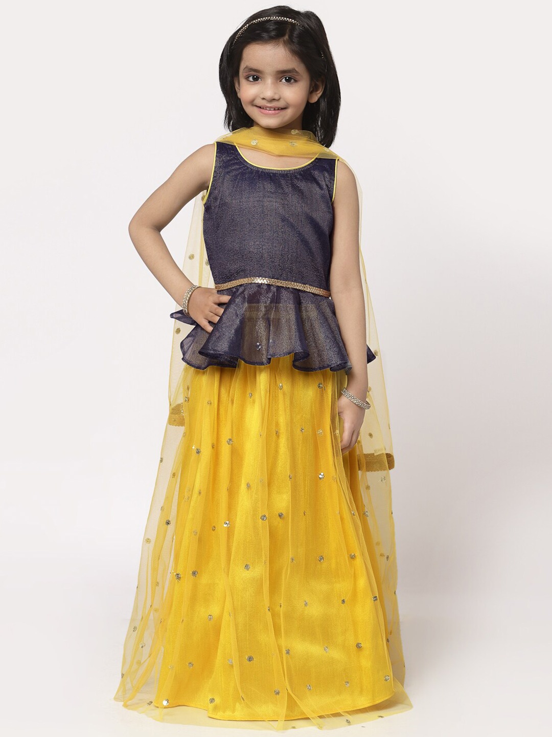 

studio rasa Girls Yellow & Black Sequinned Ready to Wear Lehenga & Blouse With Dupatta