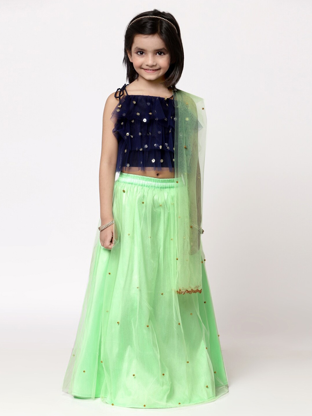 

studio rasa Girls Lime Green & Navy Blue Embroidered Beads and Stones Ready to Wear Lehenga & Blouse With Dupatta