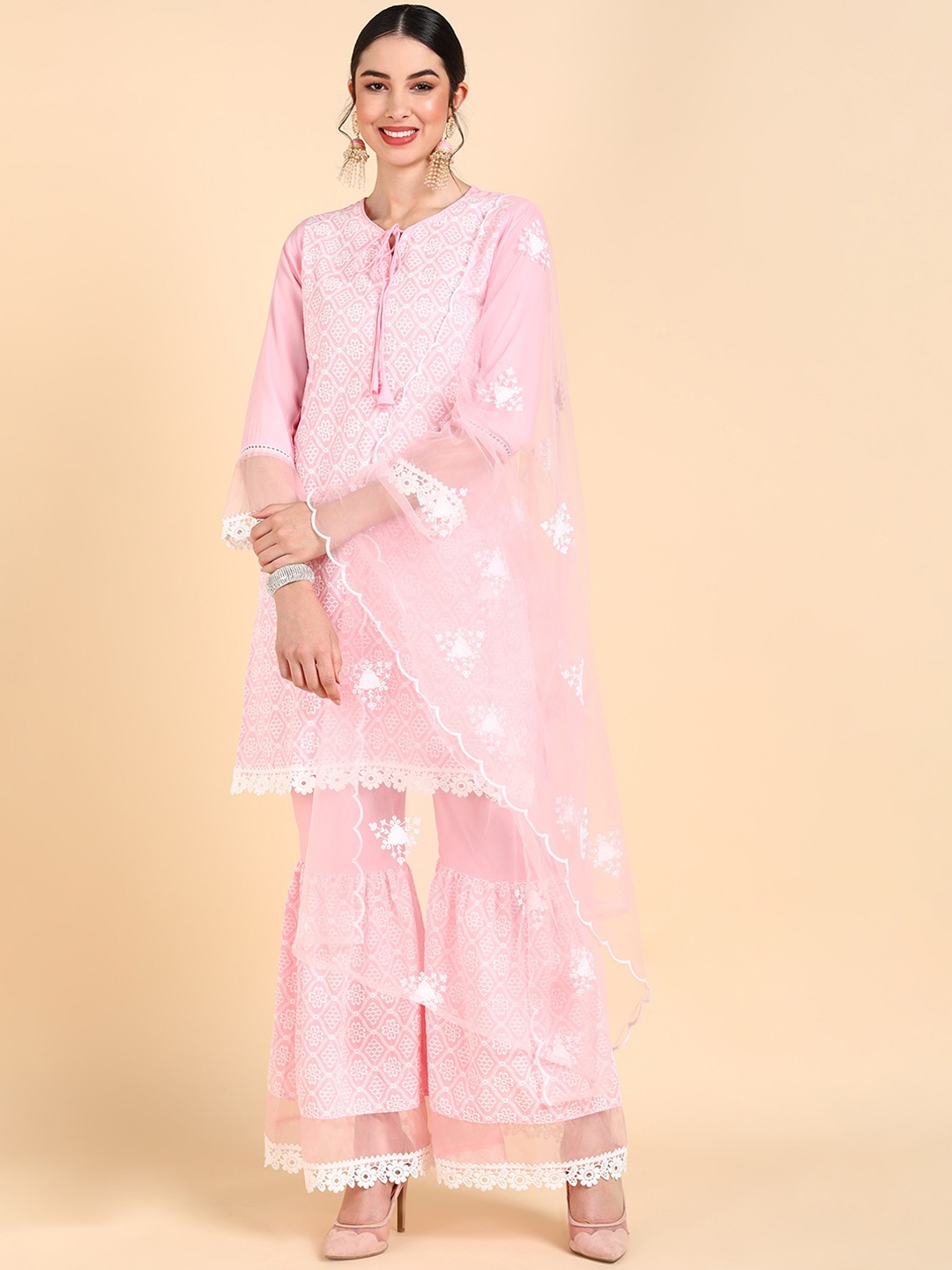 

AHIKA Women Pink Floral Embroidered Pleated Kurta with Sharara & Dupatta