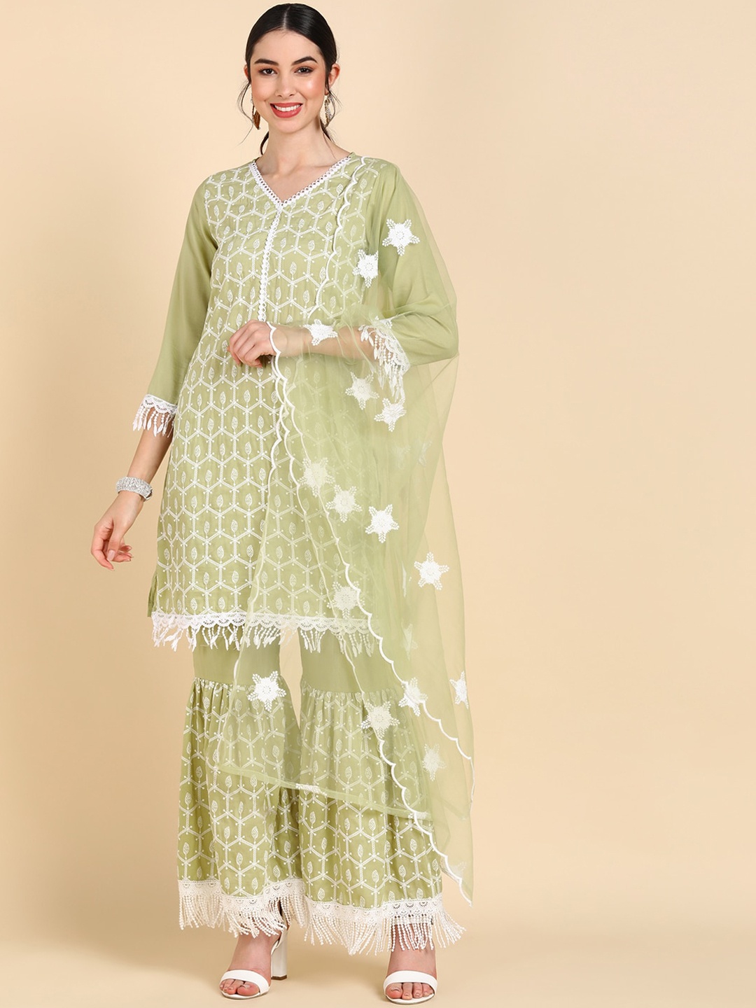 

AHIKA Women Green Ethnic Motifs Embroidered Kurti with Sharara & With Dupatta
