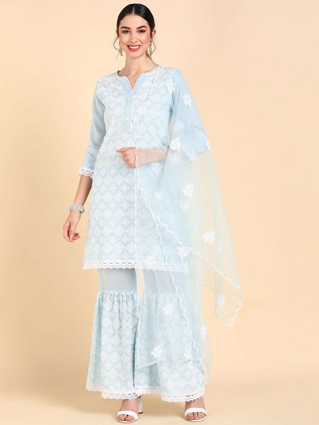 

AHIKA Women Blue Ethnic Motifs Embroidered Kurta with Sharara & With Dupatta