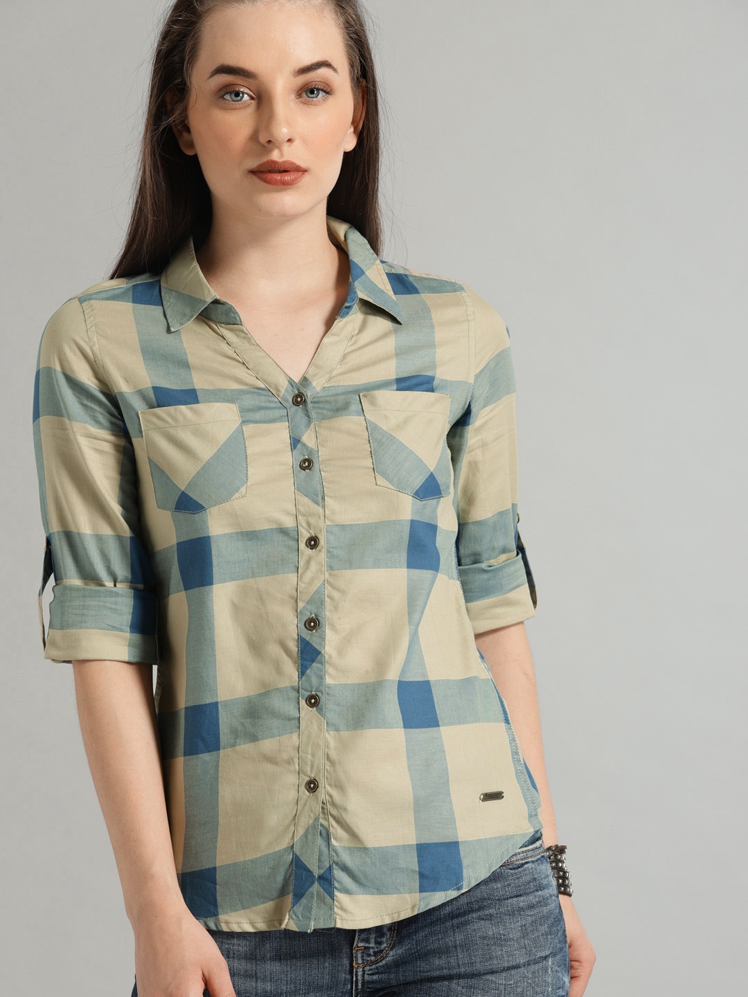 

Roadster Women Olive Green & Blue Slim Fit Checked Casual Shirt