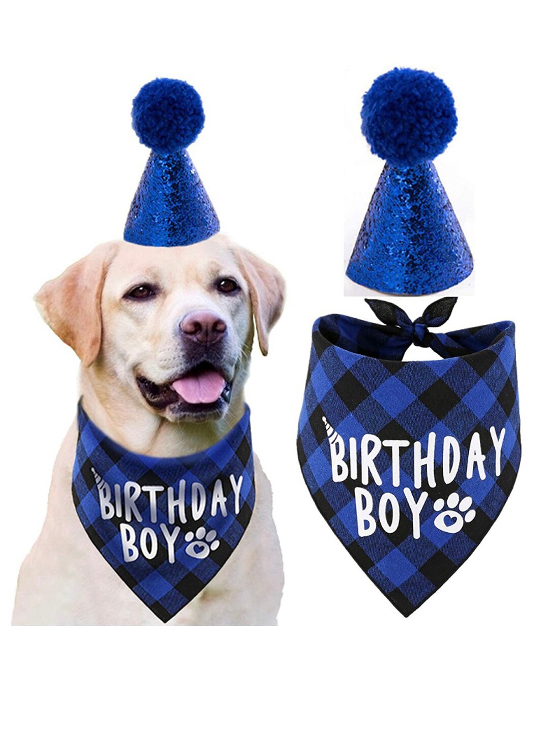 

PAWCHIE Navy Blue & Black Checked Pet Bandanas and Party Hat For Dogs