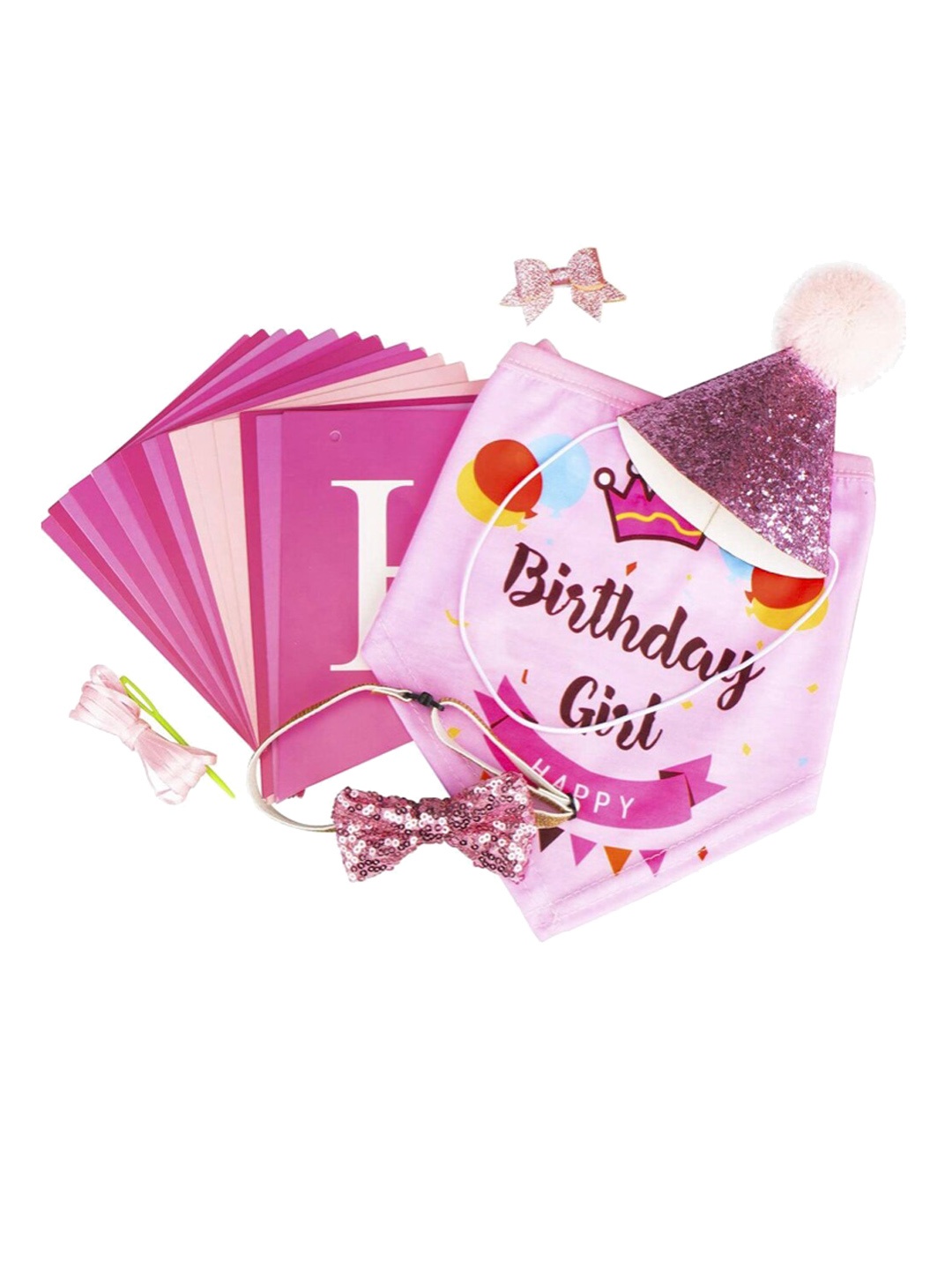 

PAWCHIE Dog Girl Birthday Bandana Hat Banner Set Bow Tie & Scarf, Pink