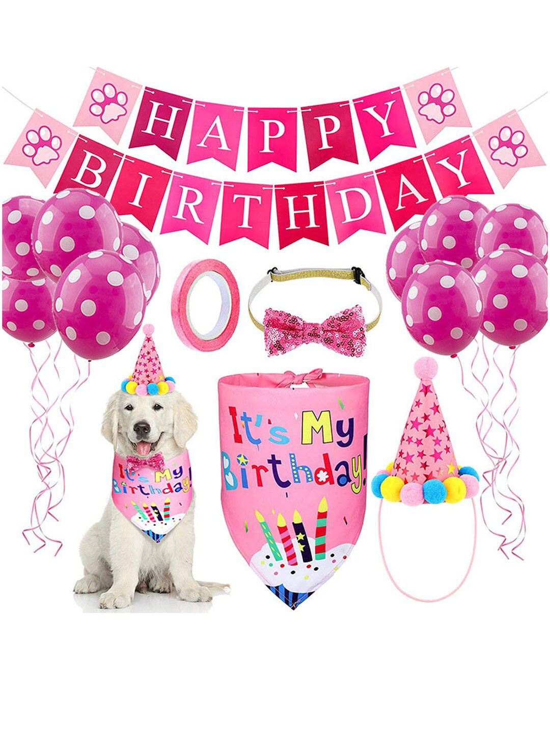 

PAWCHIE Pet Pink Birthday Bandana Set with Balloon and Tape