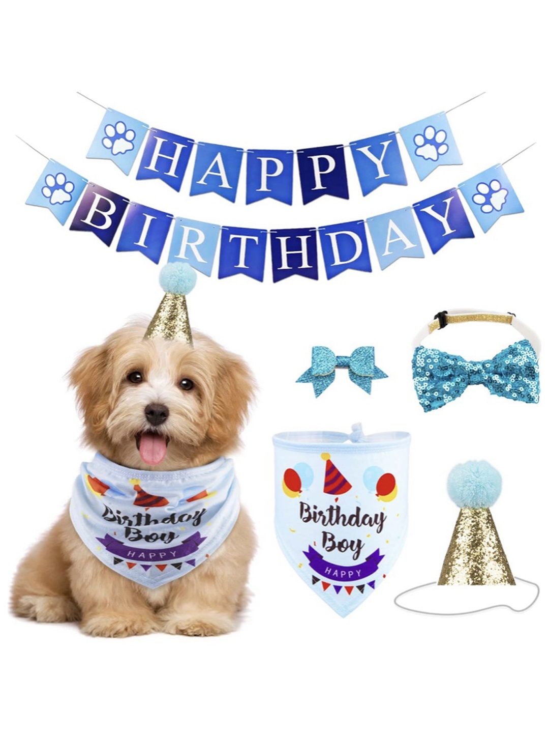 

PAWCHIE Blue Birthday Bandana Hat Banner Set with Bow Tie