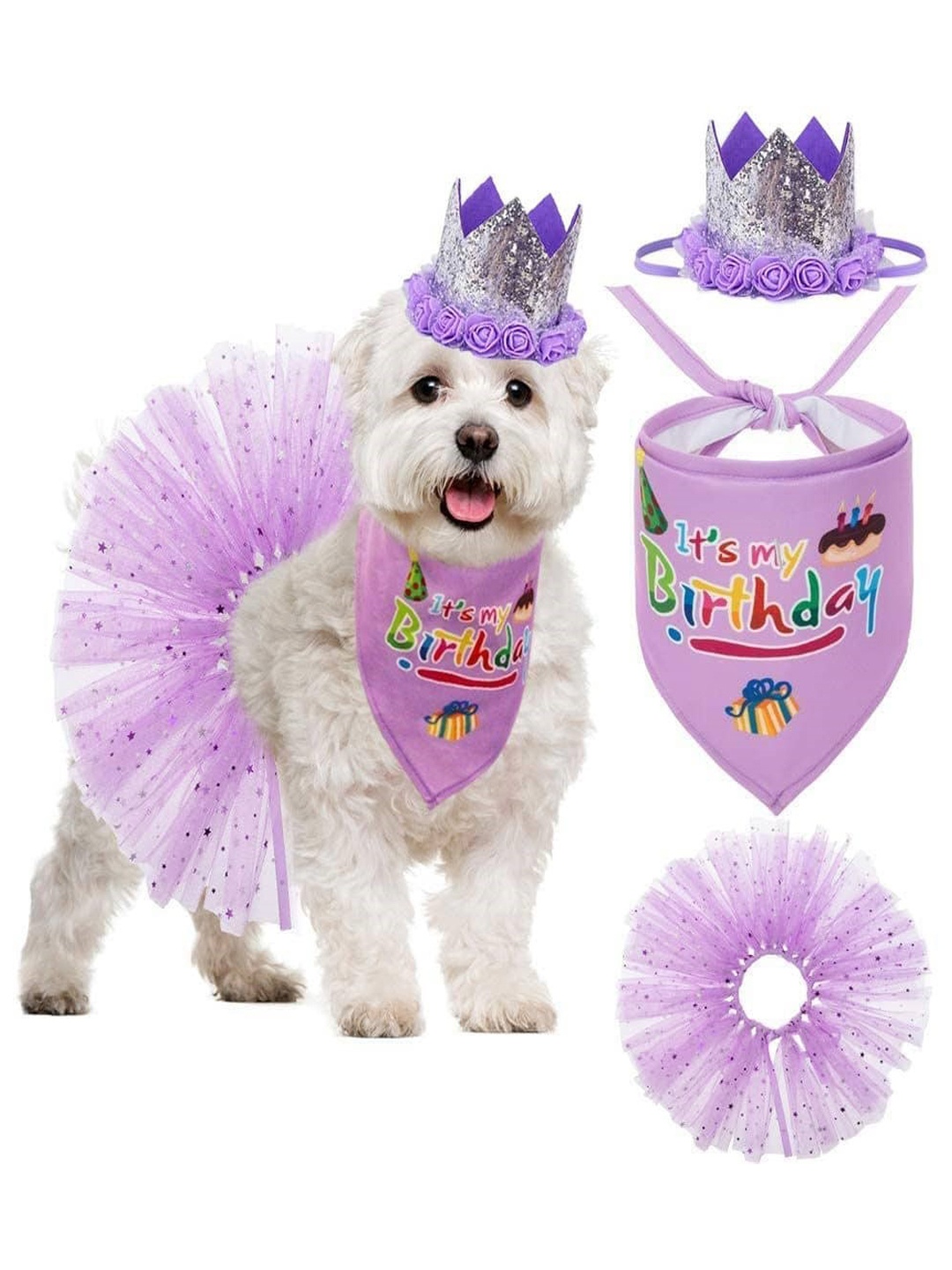 

PAWCHIE Unisex Purple Printed Pet Birthday Party Outfits Supplies Pet Bandana