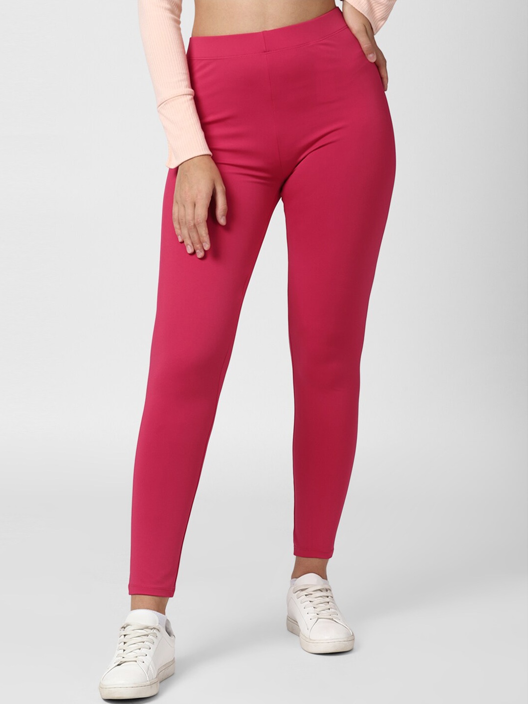

FOREVER 21 Women Fuchsia Pink Solid Ankle-Length Leggings