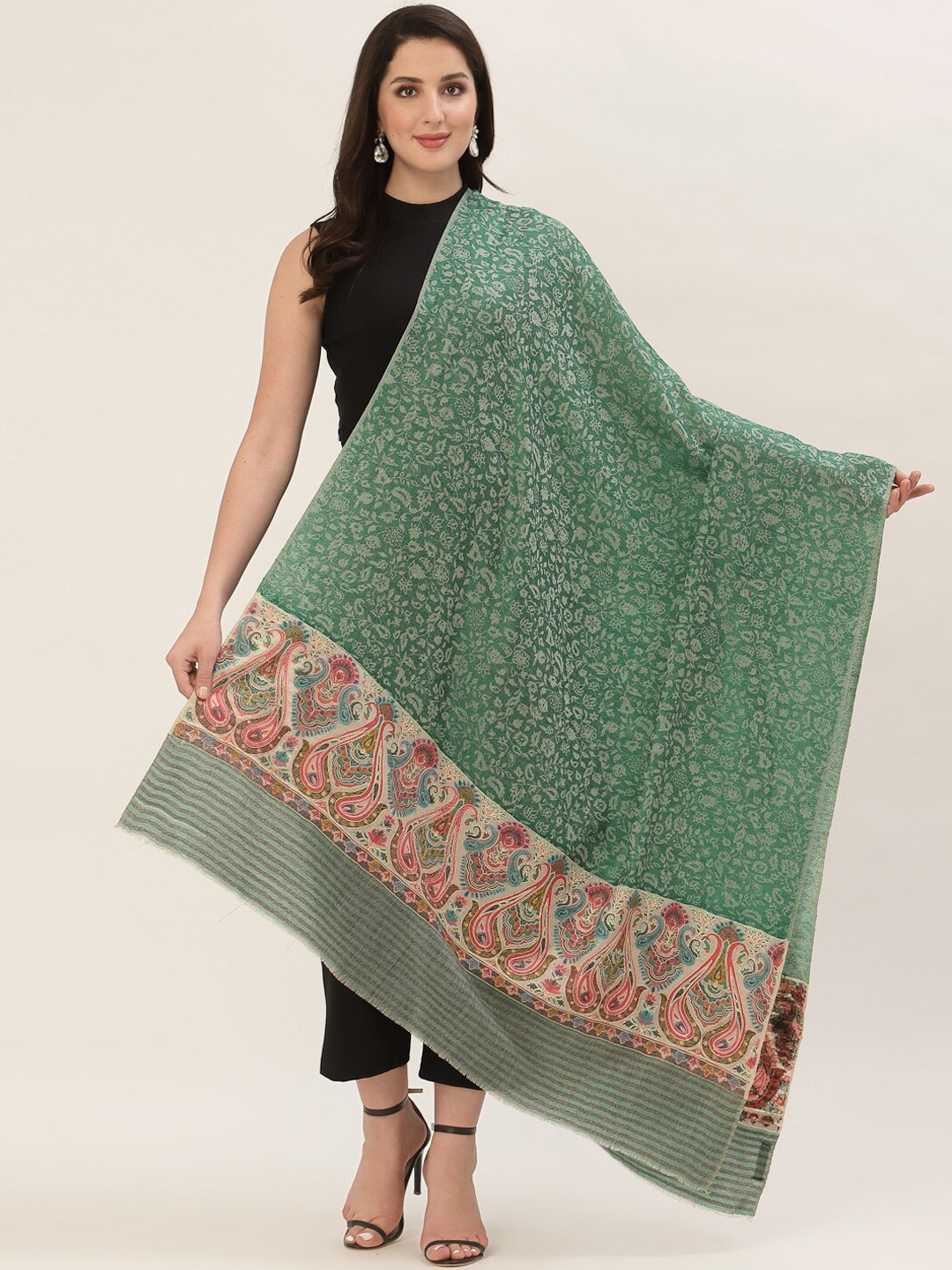 

Pashtush Women Green & Beige Embroidered Woolen Shawl