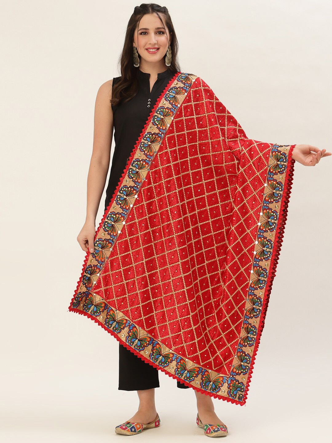

Pashtush Red & Blue Embroidered Viscose Rayon Dupatta