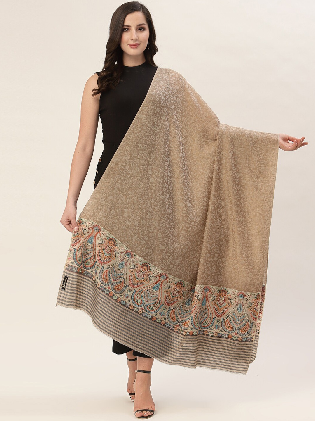 

Pashtush Women Beige Woven Design Wool Shawl