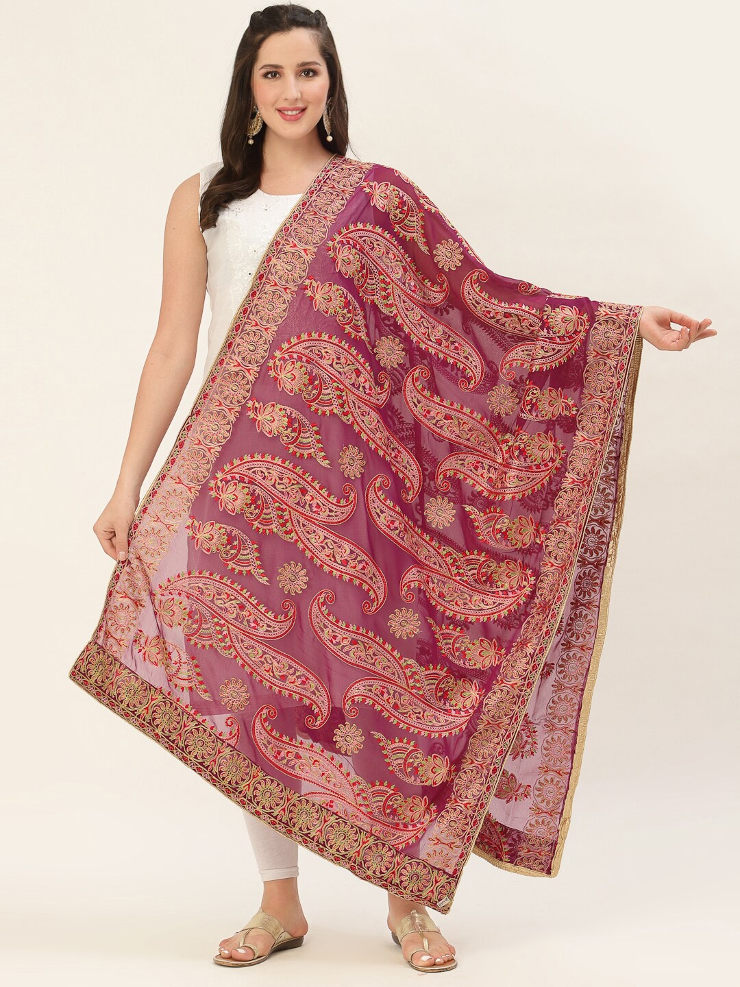 

Pashtush Burgundy & Green Paisley Embroidered Viscose Rayon Dupatta