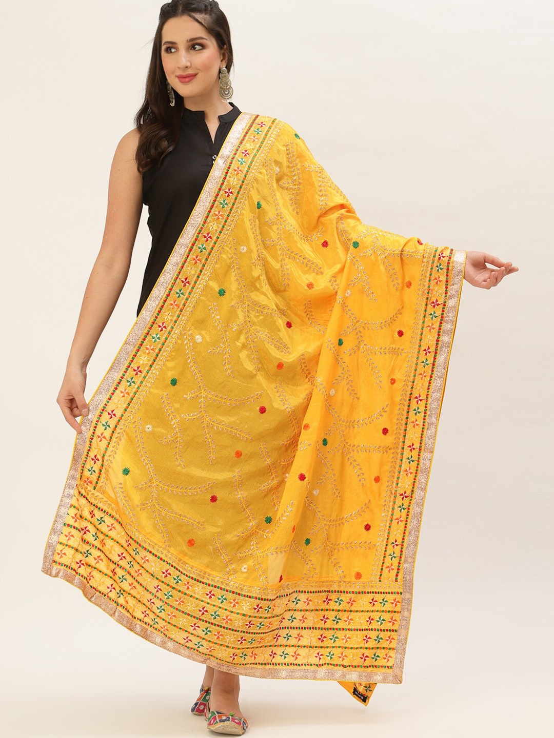 

Pashtush Yellow & Red Embroidered Viscose Rayon Dupatta