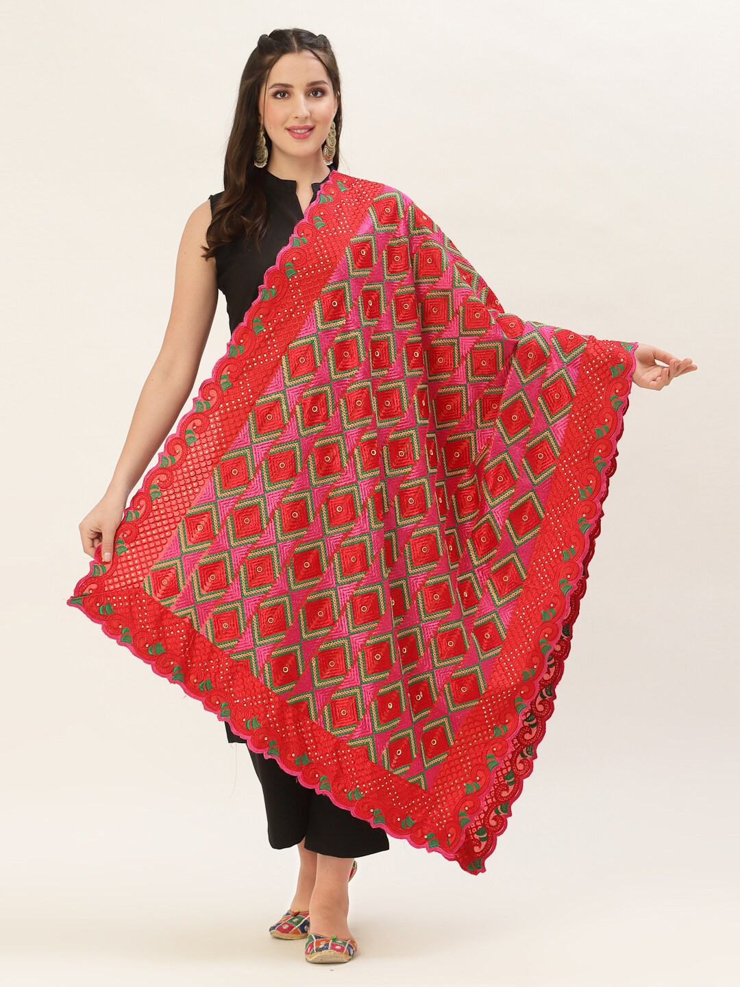 

Pashtush Red & Green Embroidered Viscose Rayon Dupatta