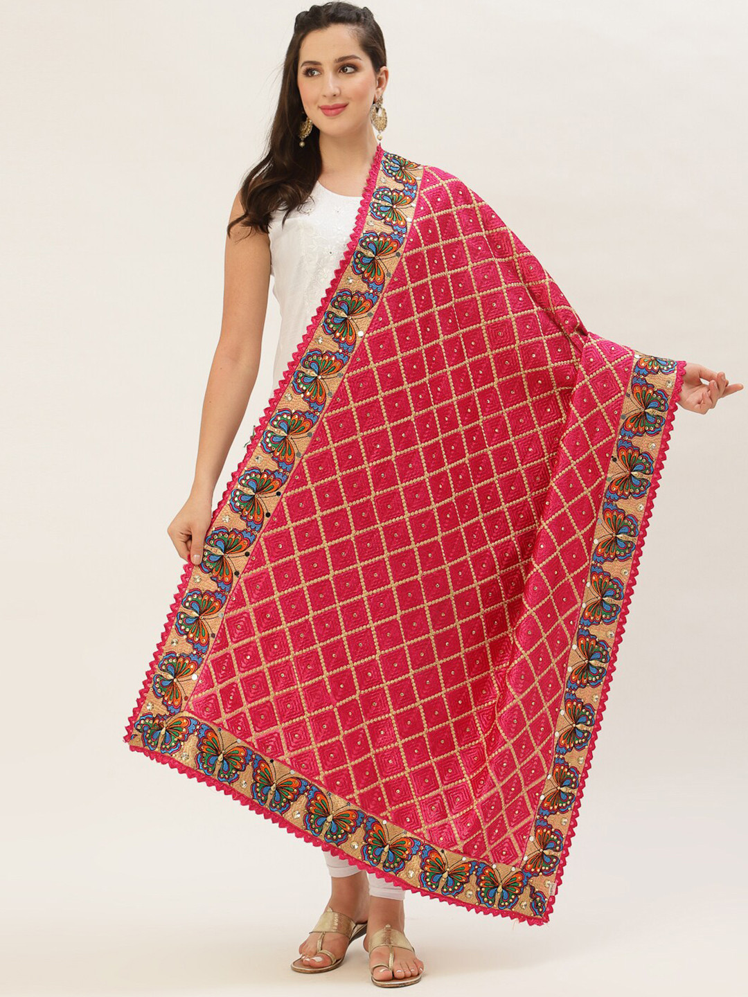 

Pashtush Red & Blue Embroidered Viscose Rayon Dupatta