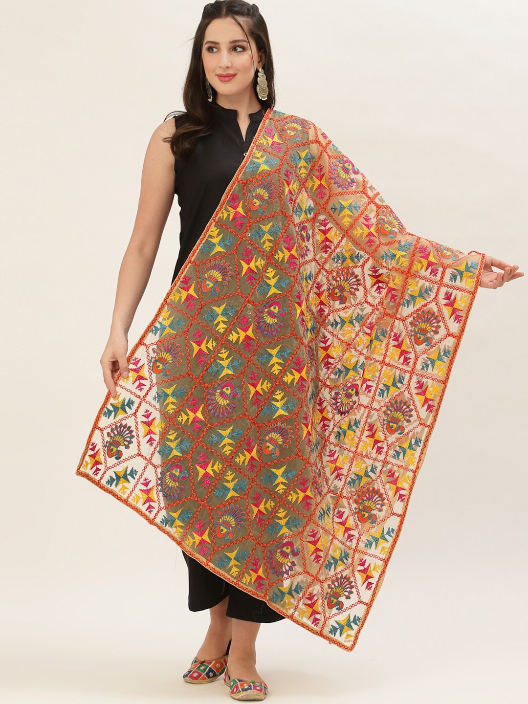 

Pashtush Cream-Coloured & Pink Embroidered Viscose Rayon Dupatta