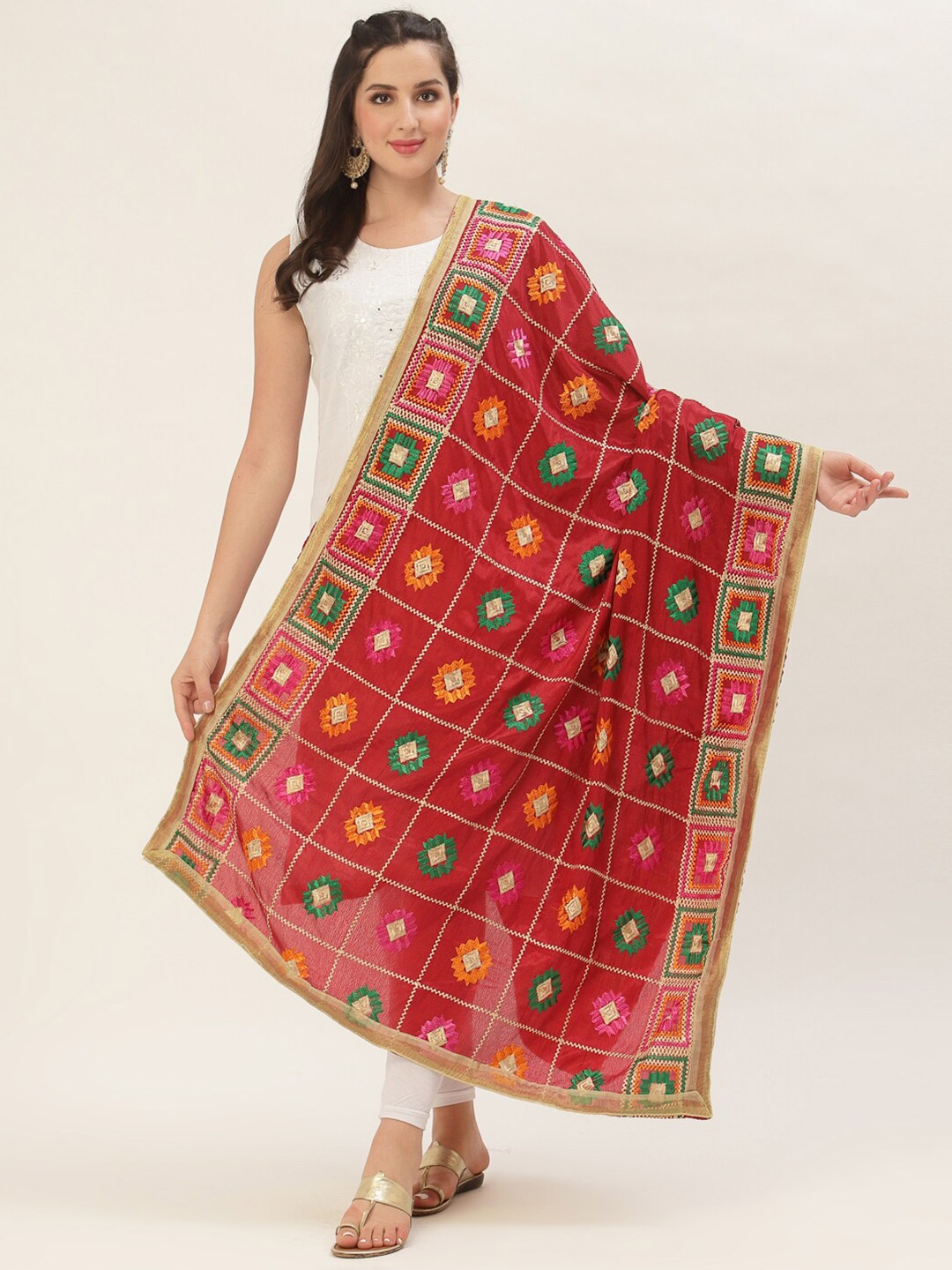 

Pashtush Red & Green Embroidered Dupatta