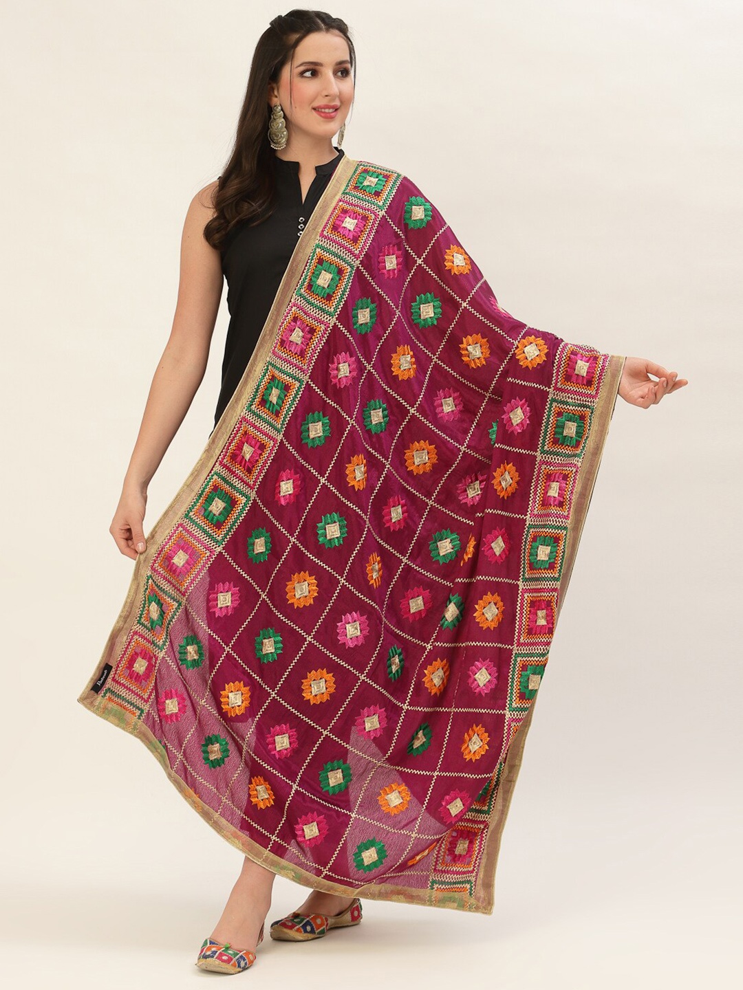 

Pashtush Maroon & Green Embroidered Viscose Rayon Dupatta