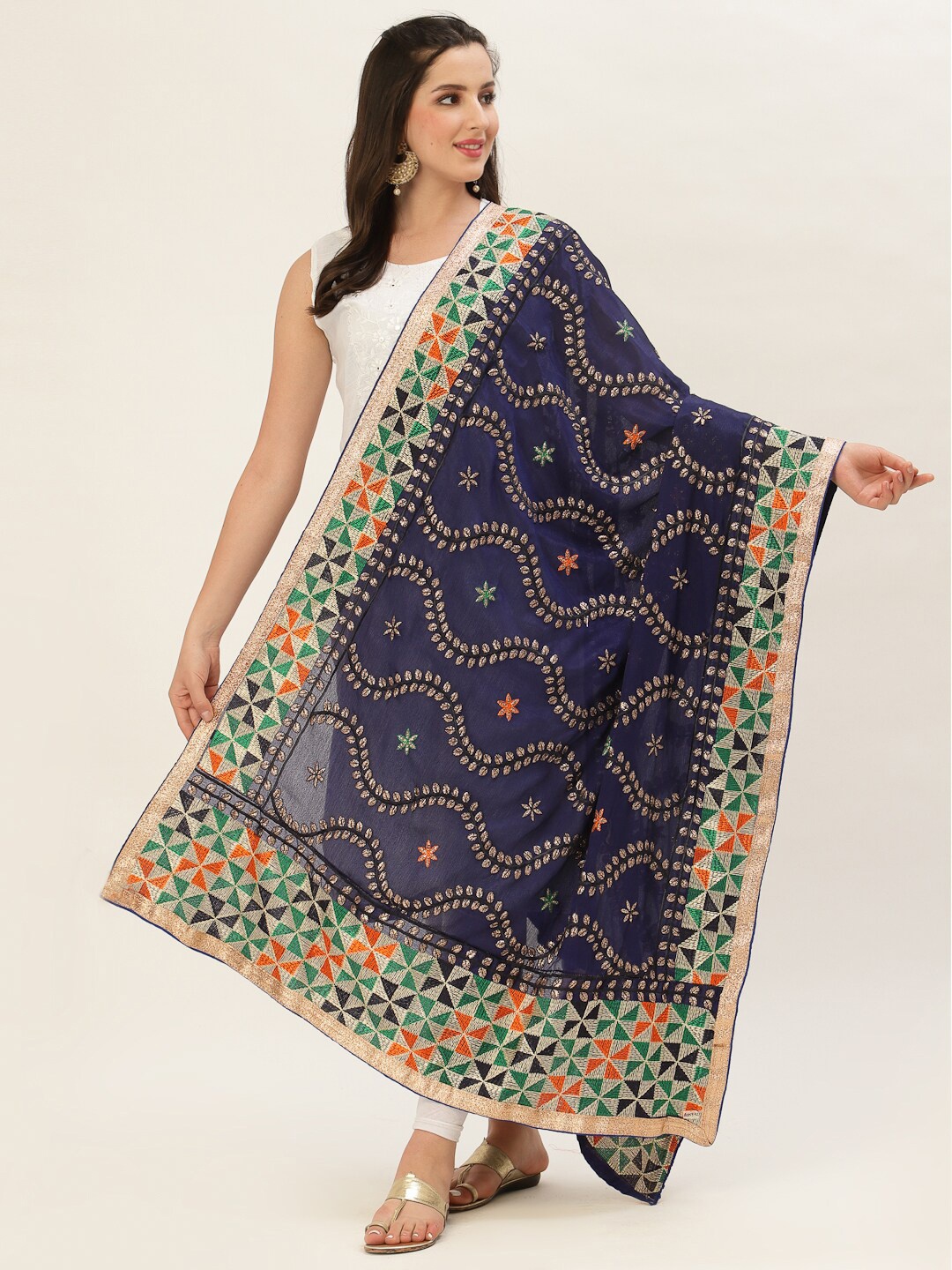 

Pashtush Navy Blue & Orange Embroidered Viscose Rayon Dupatta
