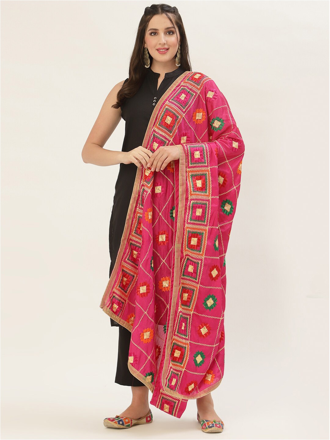 

Pashtush Magenta & Green Ethnic Motifs Embroidered Dupatta