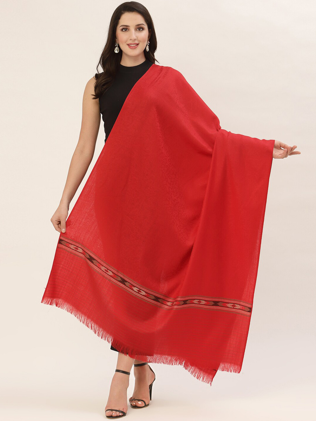 

Pashtush Women Red Woven Design Wool Shawl