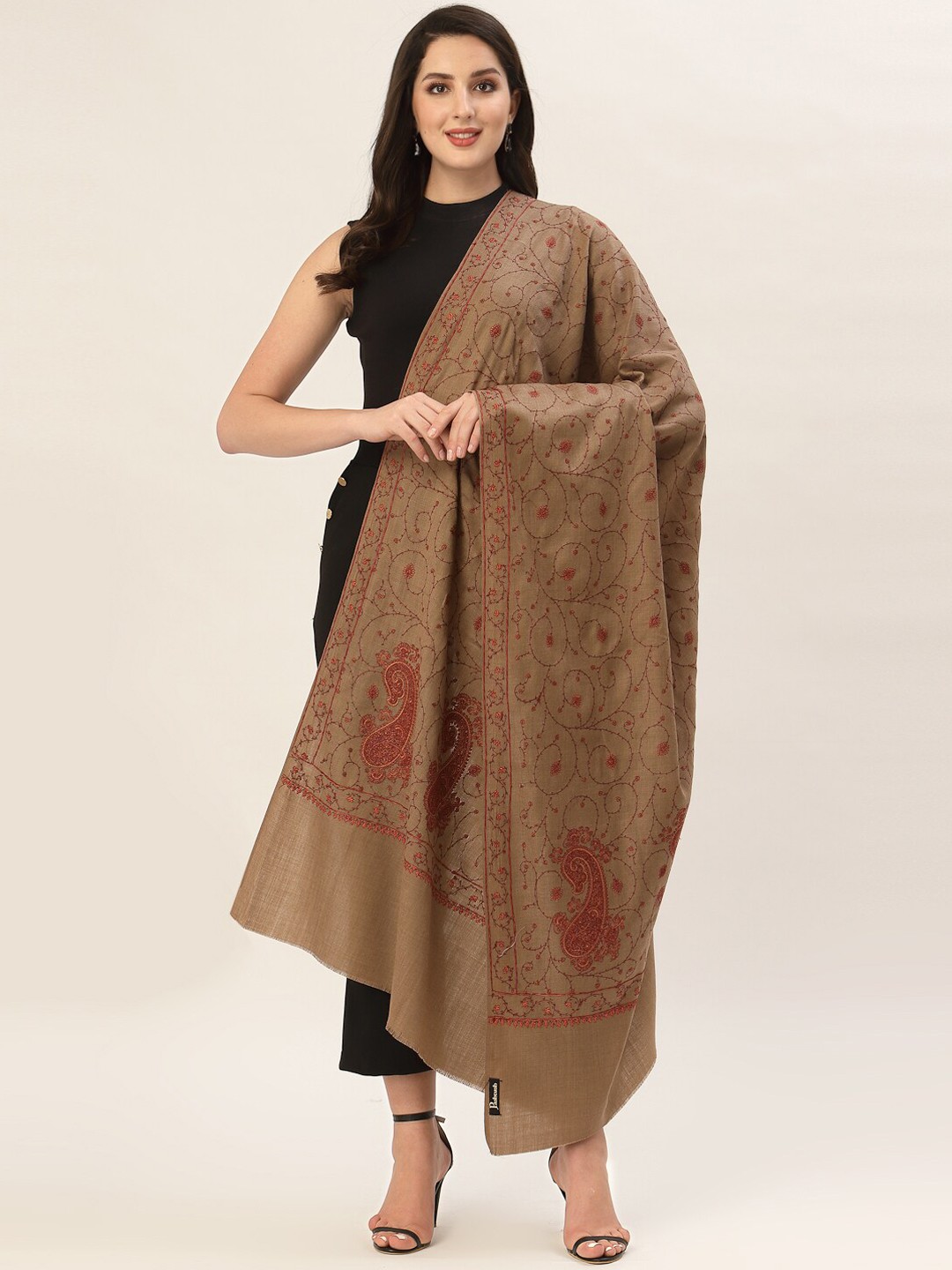 

Pashtush Women Taupe Paisley Embroidered Shawl