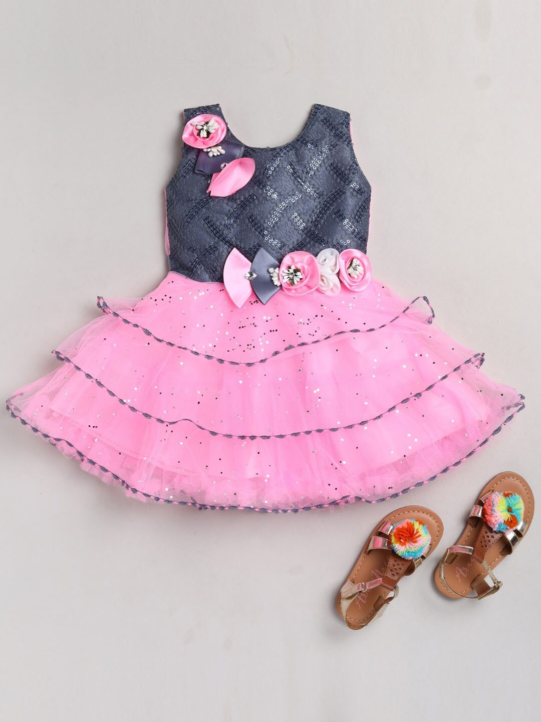 

JBN Creation Pink & Blue Girl's Embellished Layered Net Dress