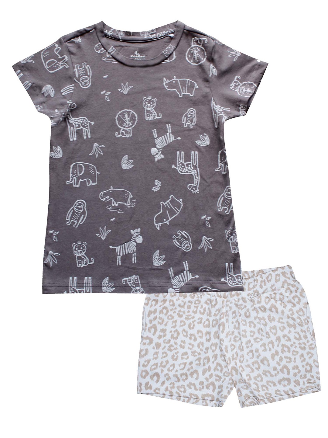 

KiddoPanti Girls Grey & White Animal Printed T-shirt with Shorts