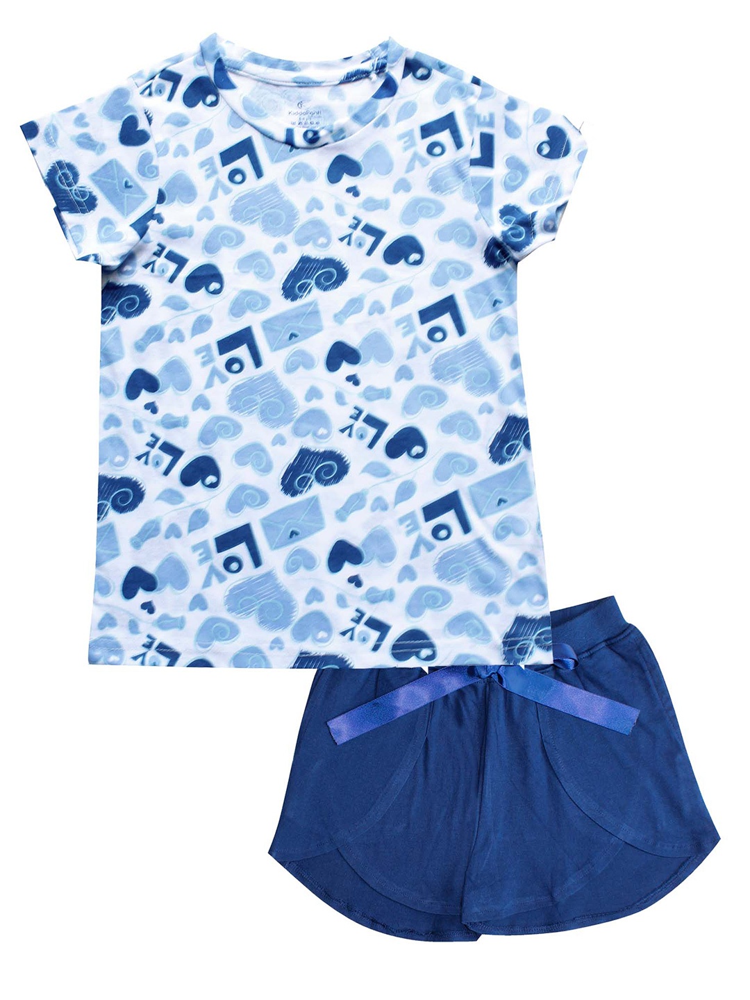 

KiddoPanti Girls White & Navy Blue Printed T-shirt with Shorts