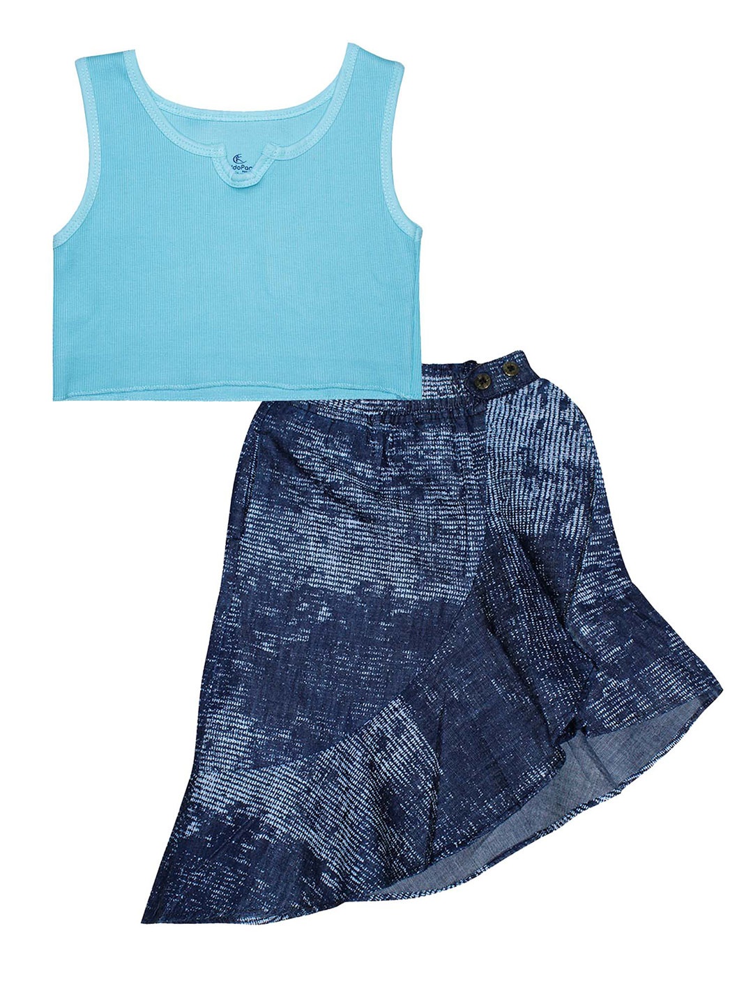 

KiddoPanti Girls Blue Crop Top with Denim Printed Skirt