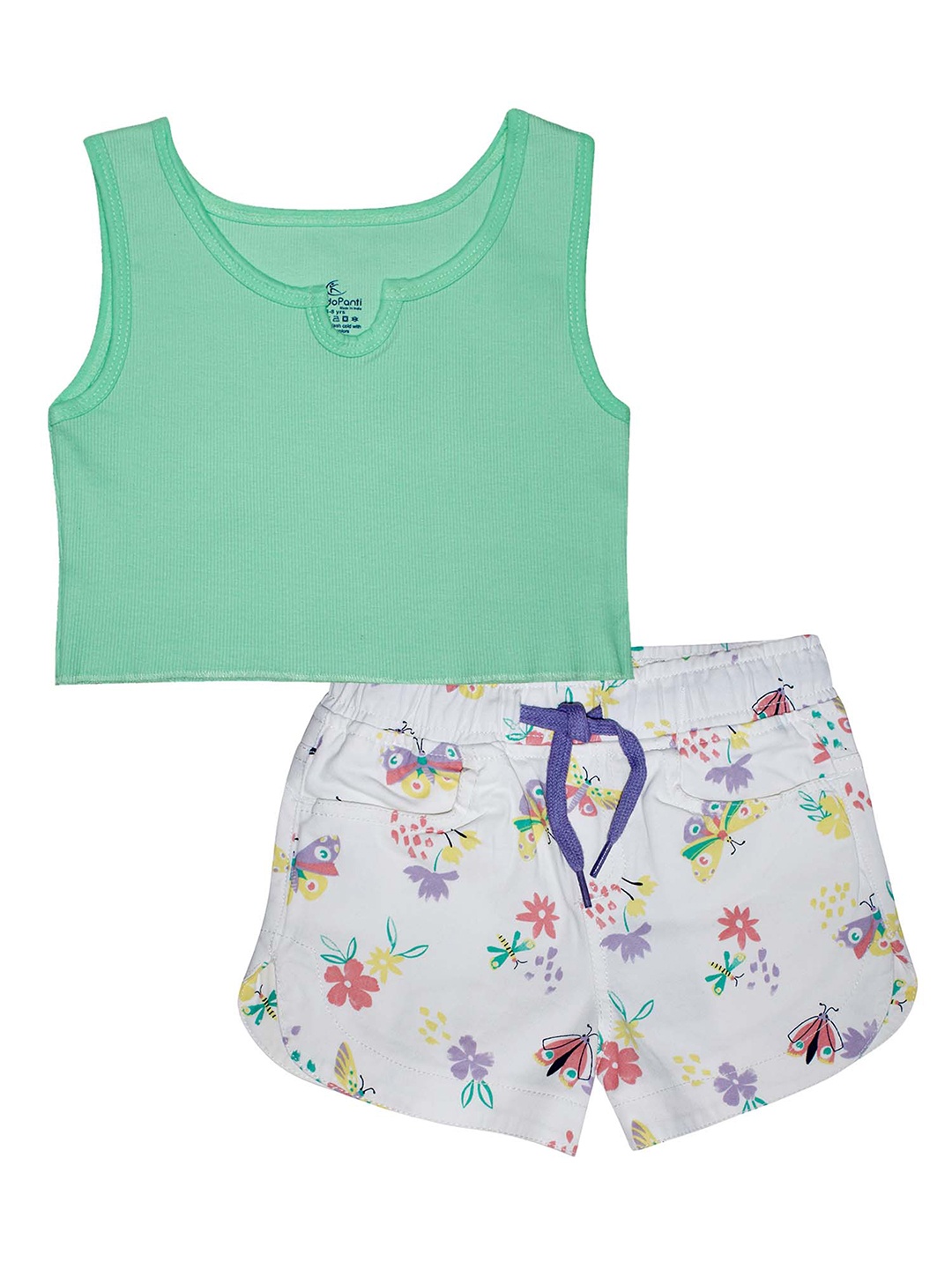 

KiddoPanti Girls Green & White Rib Crop Tank Top with Shorts