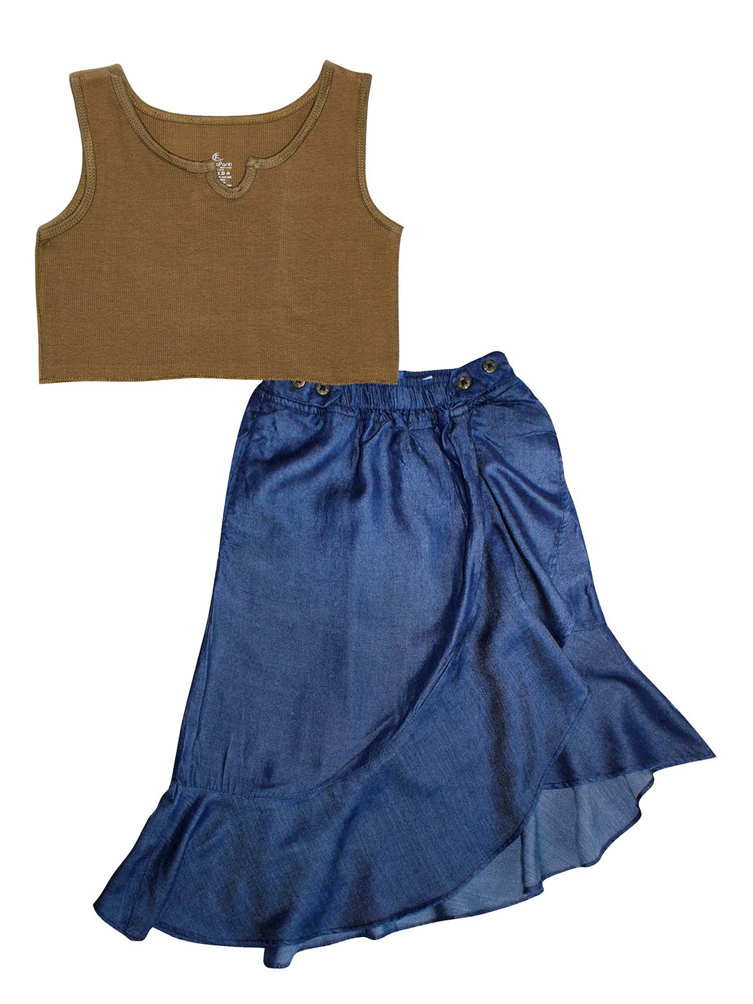 

KiddoPanti Girls Olive Green & Denim Blue Crop Top with Skirt