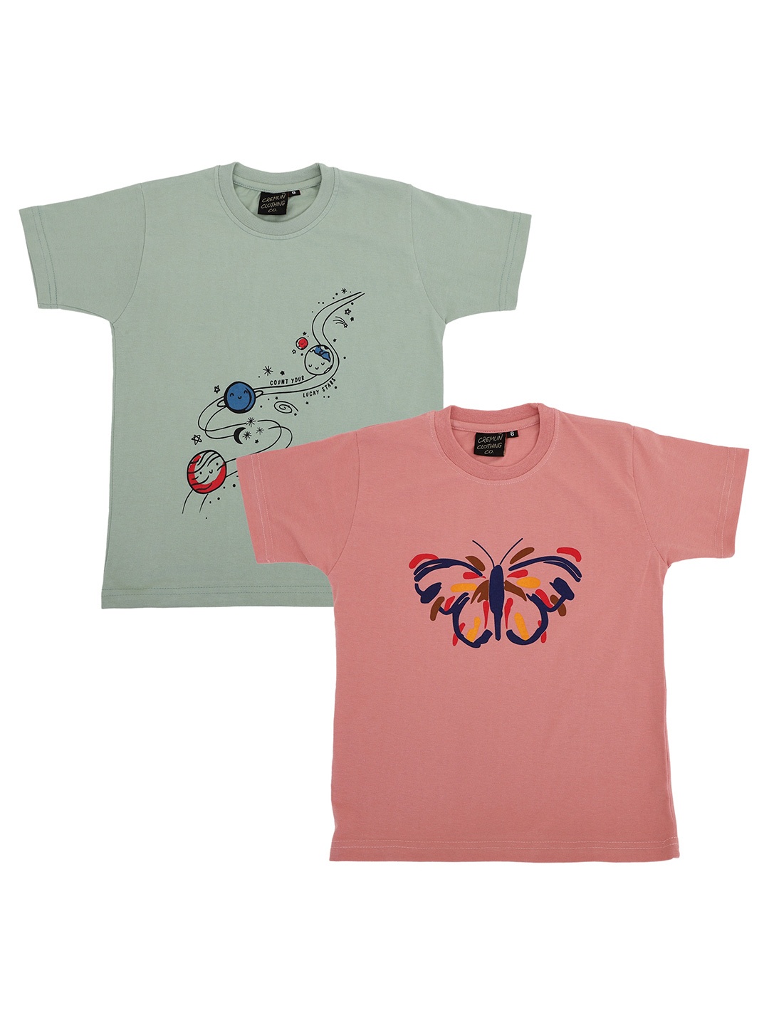 

CREMLIN CLOTHING Pack of 2 Girls Mauve & Green Printed Pure Cotton T-shirt
