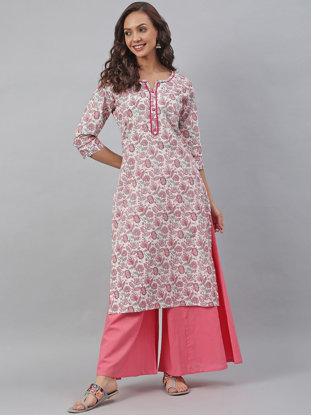 

Janasya Women White Cotton Floral Print Straight Kurta