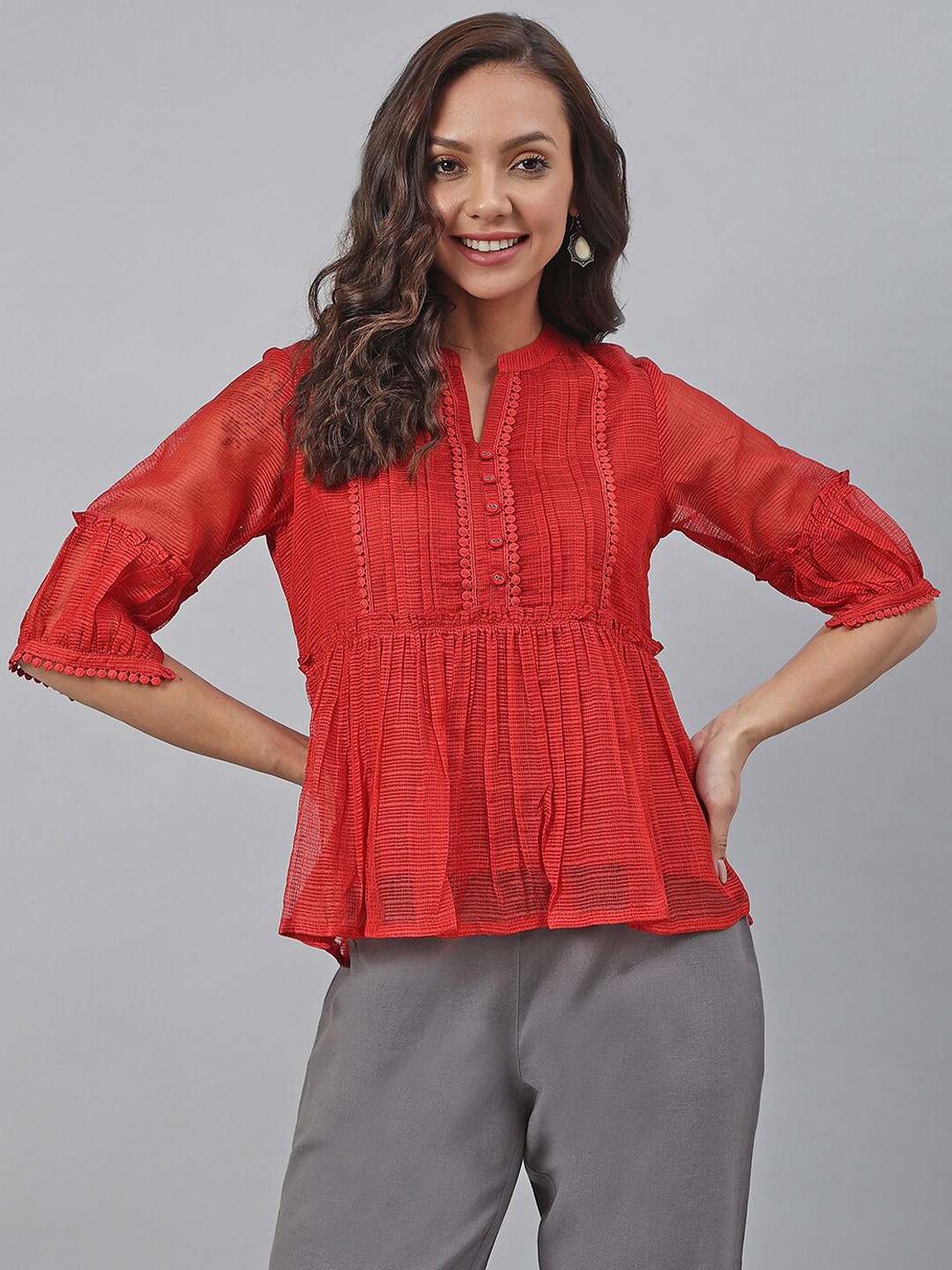 

Janasya Women Red Kota Doria Top