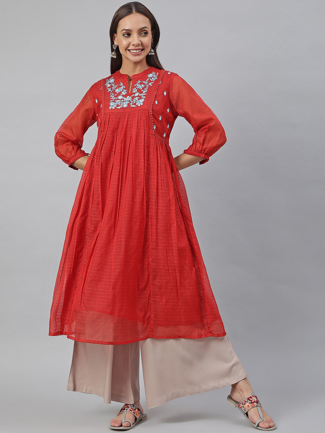 

Janasya Women Red Ethnic Motifs Embroidered Thread Work Anarkali Kurta